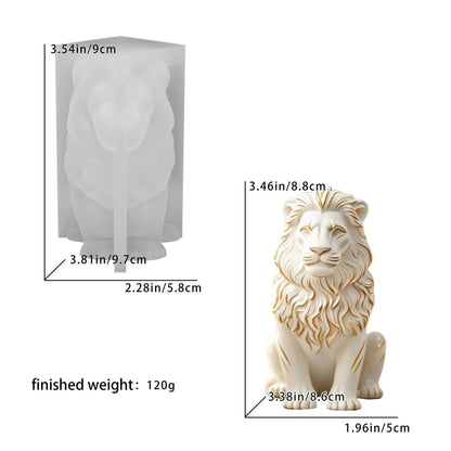 Lion mould size chart showing mould height 9 cm and finished casting height 8.8 cm with sample casting weight 120 g
