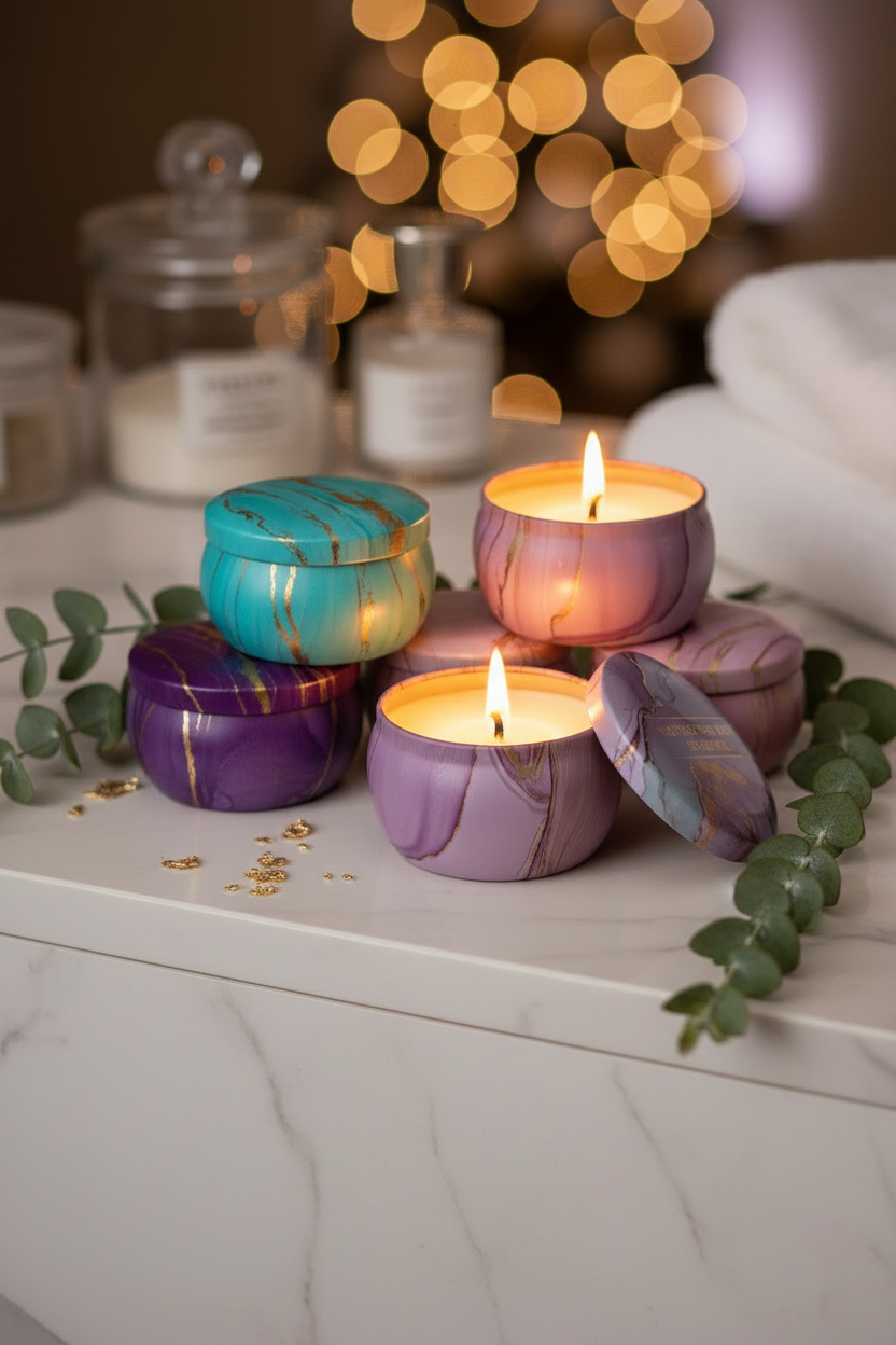 Marble candle tins spa lifestyle with eucalyptus