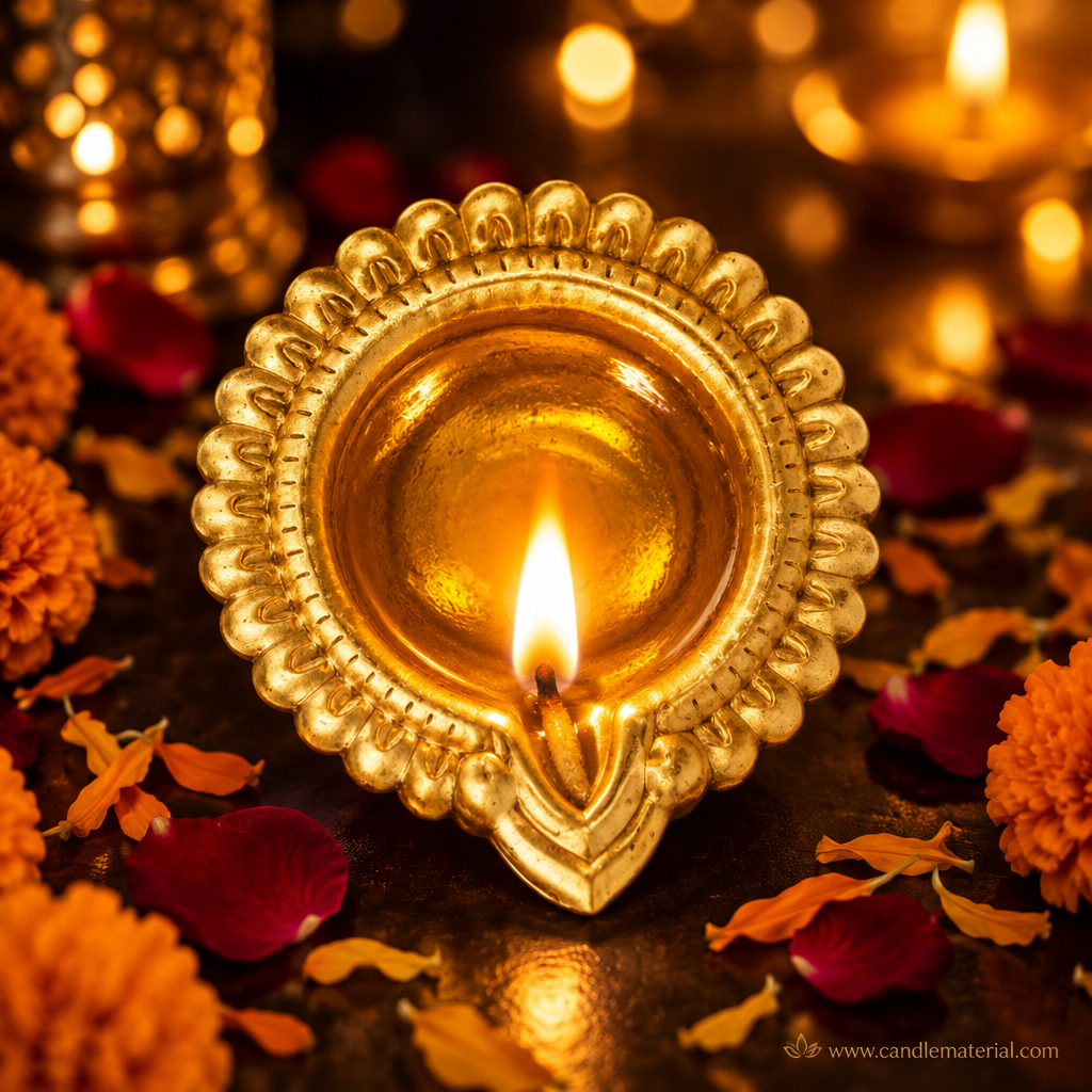 Gold kuber diya with lit golden flame, dark moody background with bokeh