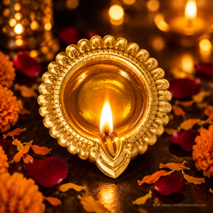 Gold kuber diya with lit golden flame, dark moody background with bokeh