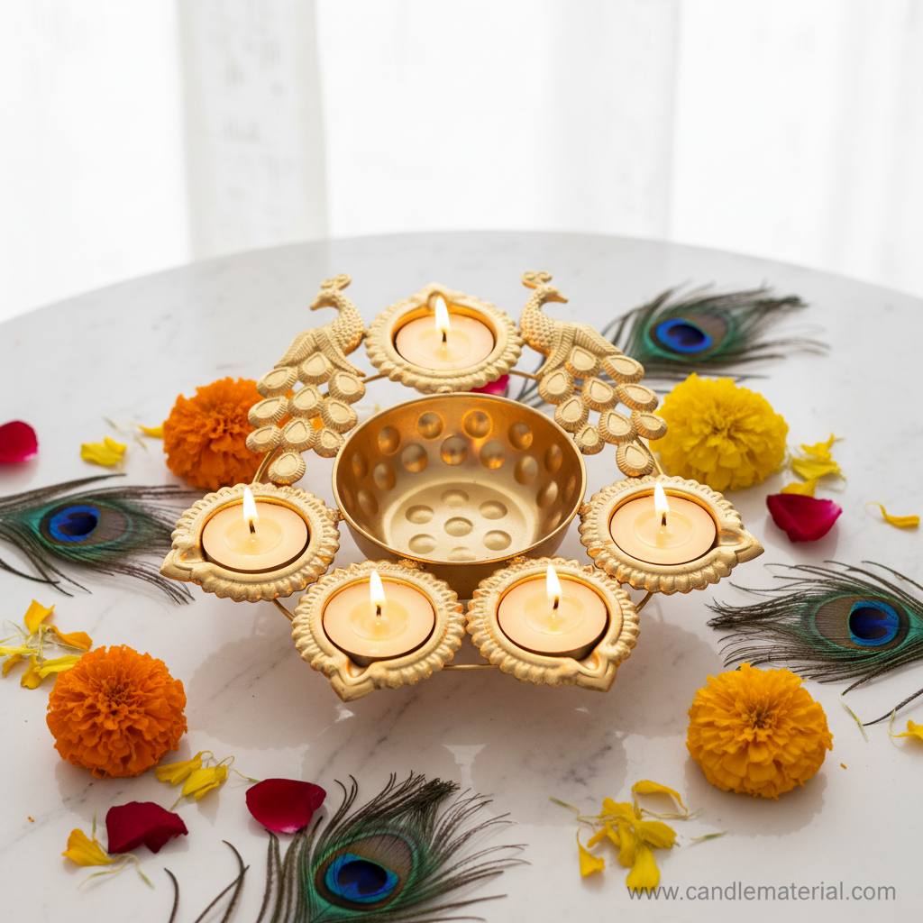 Gold twin peacock diya urli with 5 lit diyas on marble surface with marigold flowers and peacock feathers