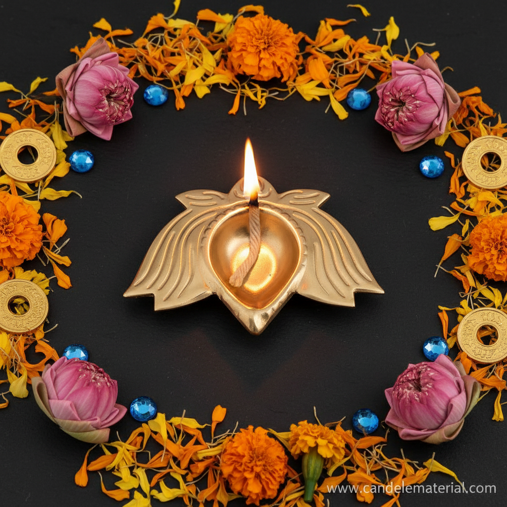 Overhead flat lay of gold lotus diya with lit flame on dark slate with marigold petals and gems