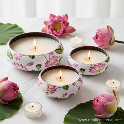 Pink lotus candle bowl with lit candle on marble surface with fresh lotus flowers