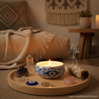 Evil eye candle bowl in boho meditation corner with crystals and sage