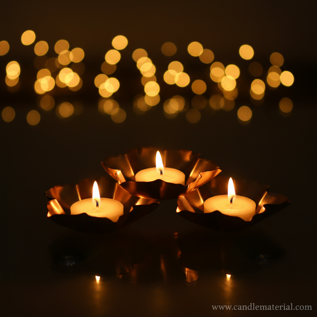 Lotus petal diya bowls with lit candles, dark moody background with bokeh