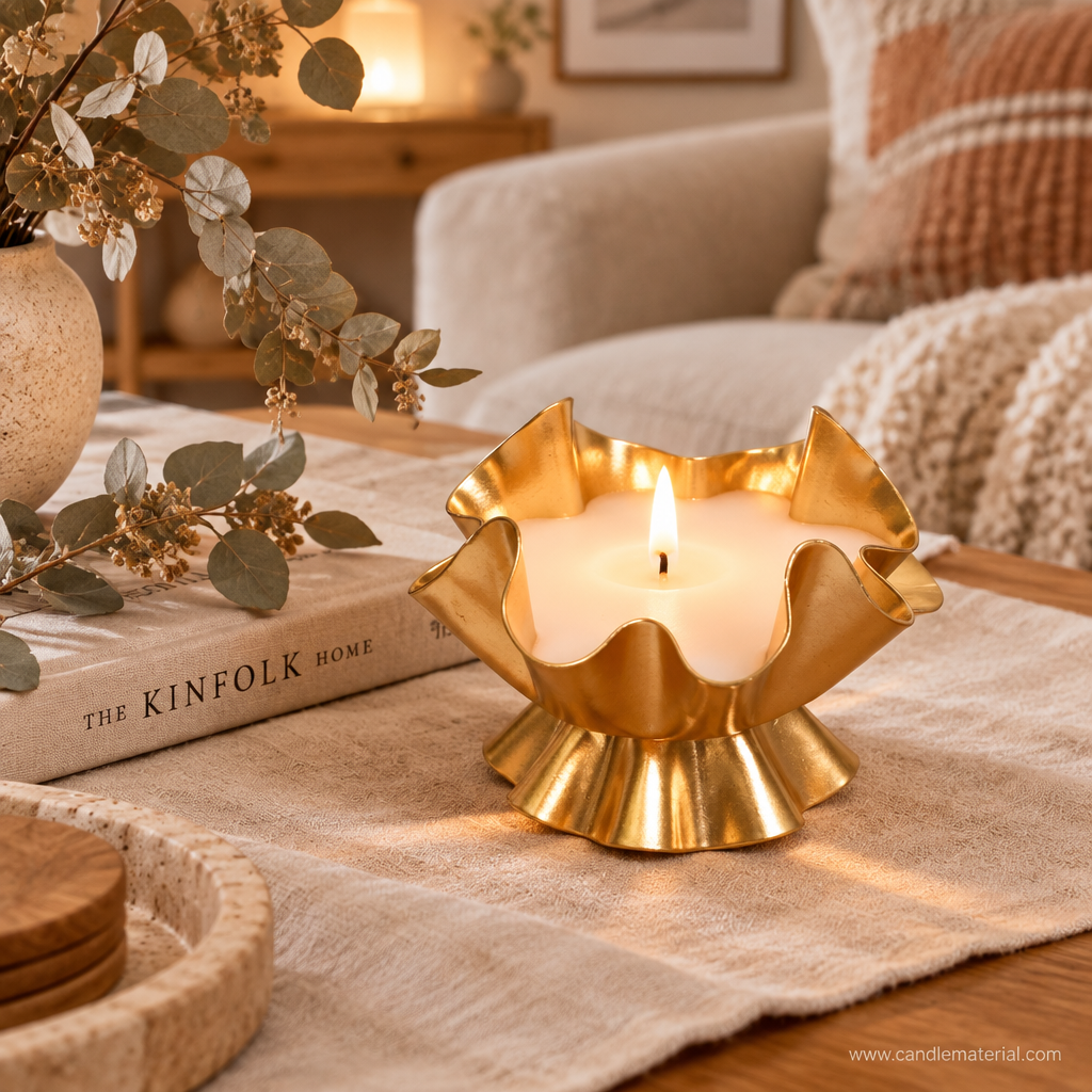 Gold ruffled lotus petal candle vessel with lit candle on cozy living room coffee table with eucalyptus and linen