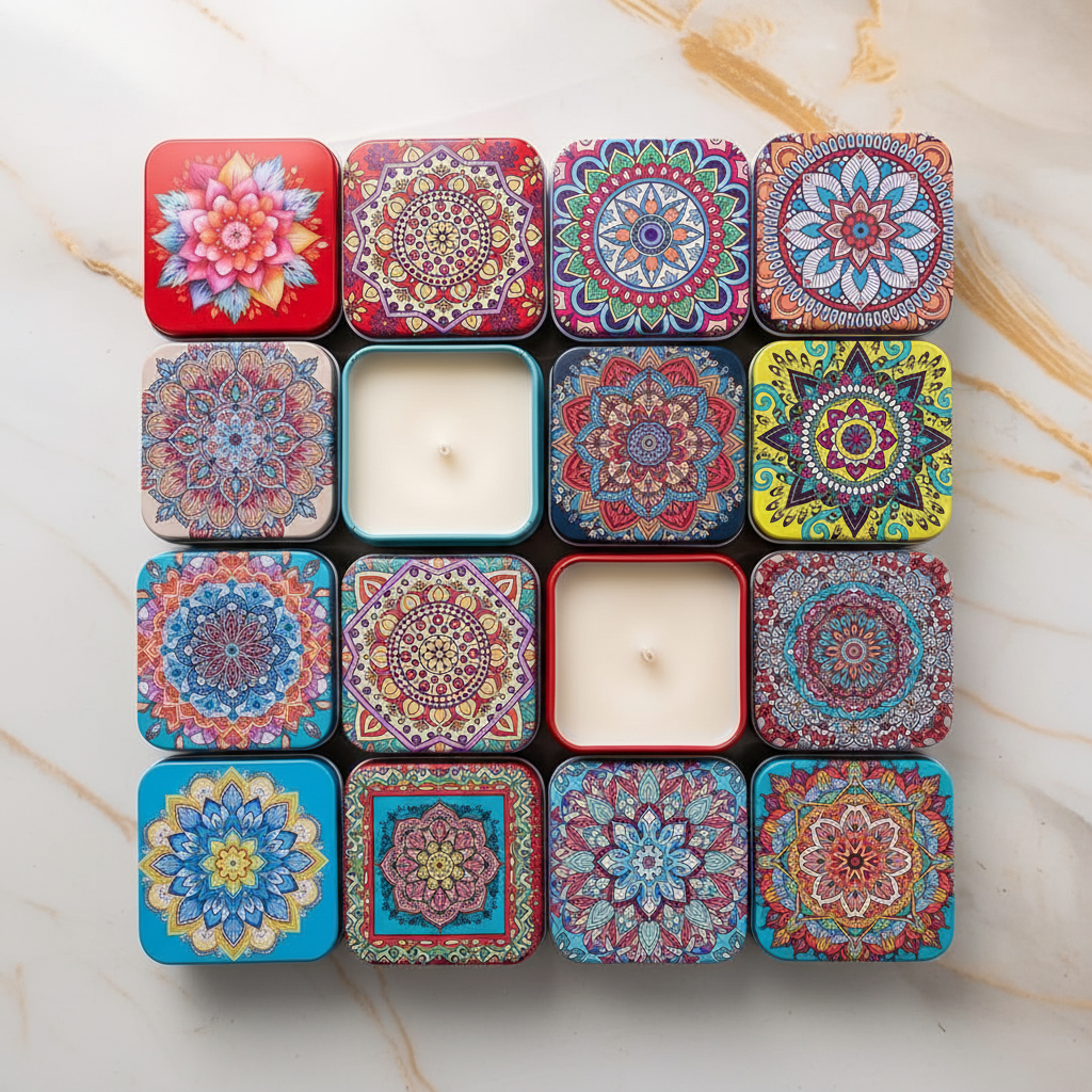 Square mandala candle tins grid flat lay on white marble