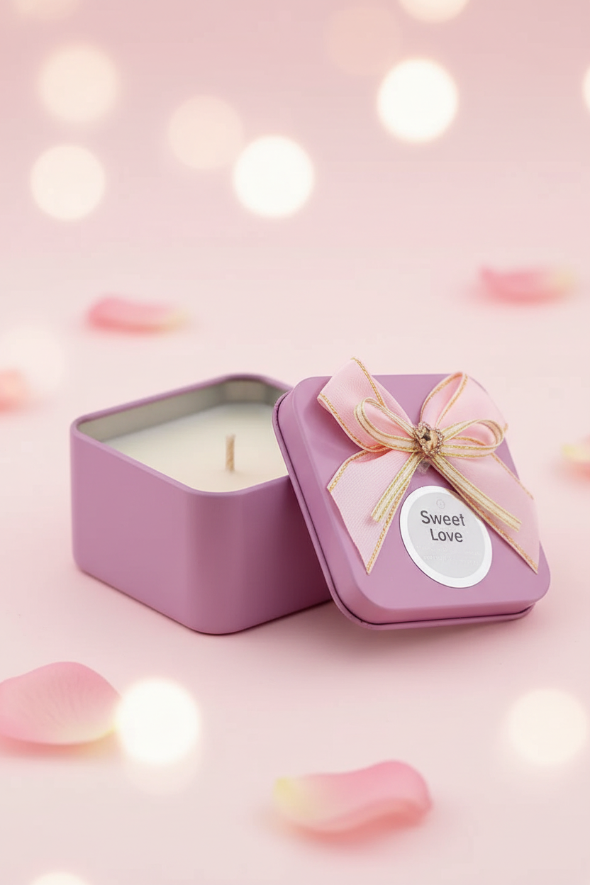 Single pink Sweet Love ribbon bow candle tin hero close-up open with glowing flame