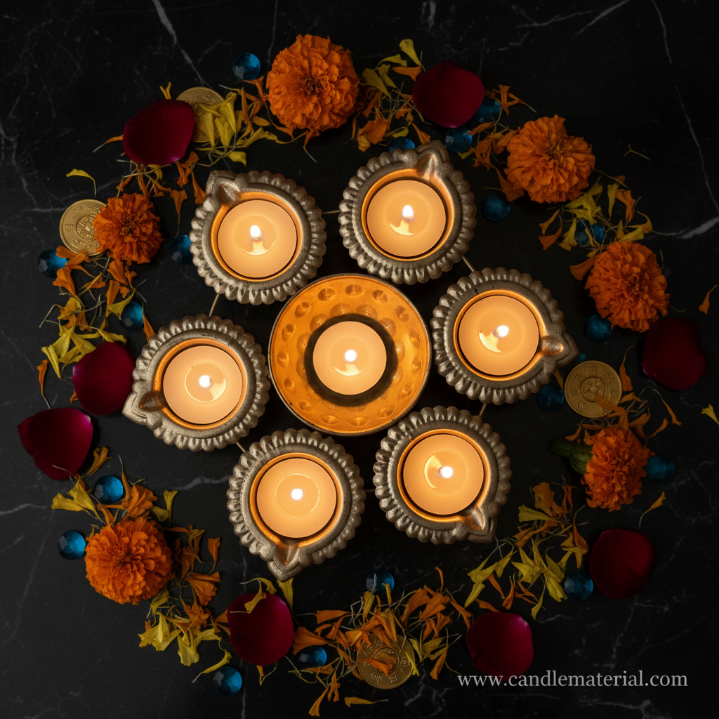 Overhead flat lay of gold 6-diya urli with lit candles on dark marble with marigold and gems