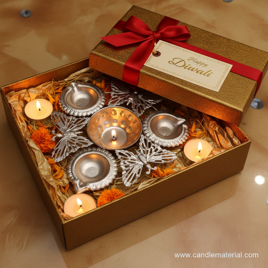 Silver butterfly diya set in luxury Diwali gift box with gold tissue and red ribbon