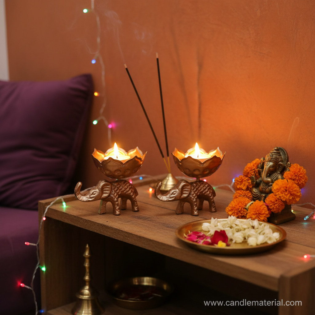 Elephant lotus bud diya holders in puja room interior with incense and flowers
