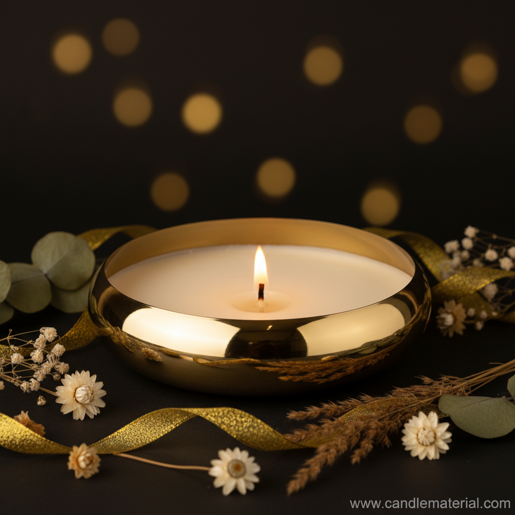 Gold dome candle vessel with lit candle dark moody background with golden bokeh