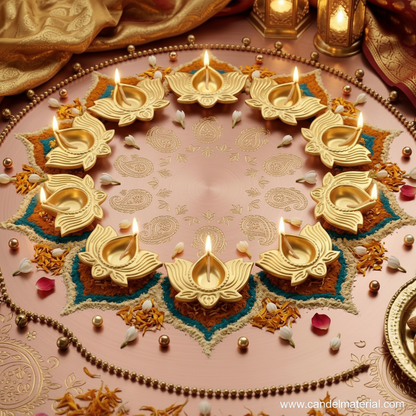 Twelve gold lotus diyas lit in a circle on Diwali rangoli with marigold petals and gold beads