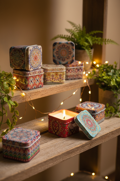 Square mandala candle tins on rustic shelf with fairy lights and plants