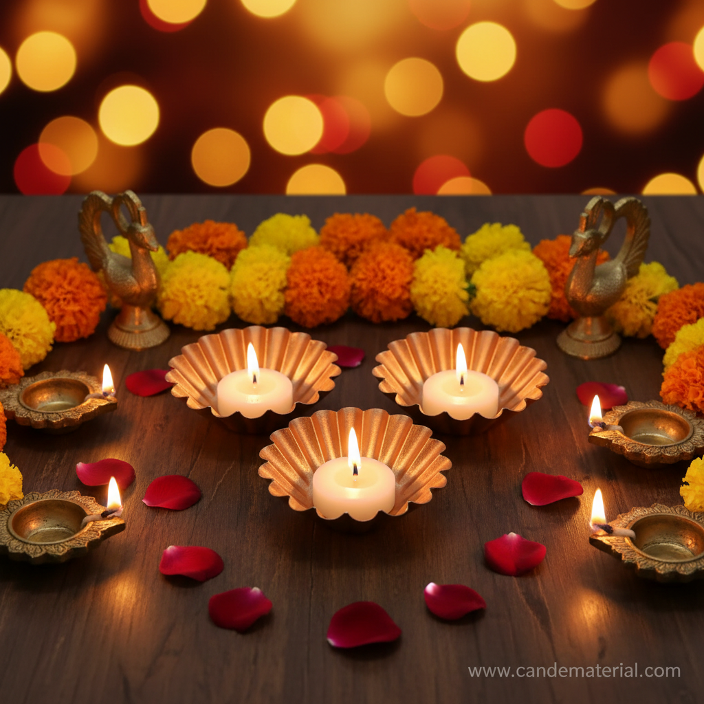 Scalloped diya bowls in festive Diwali setup with marigold garlands