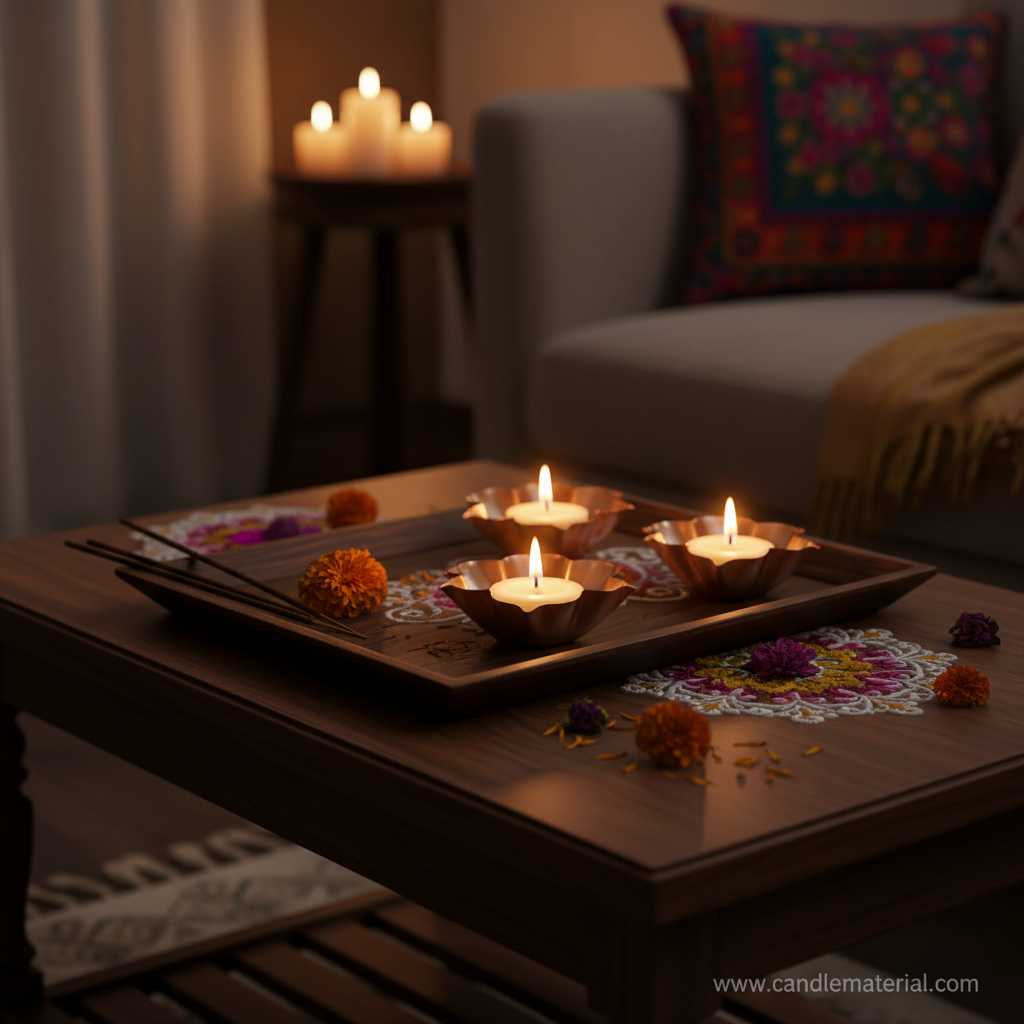 Lotus petal diya bowls in home interior with rangoli and incense