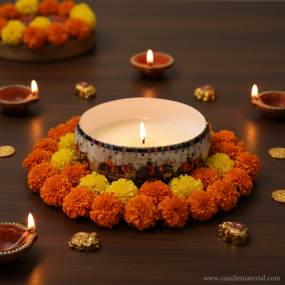 Elephant candle bowl in festive Diwali setup with marigolds and diyas