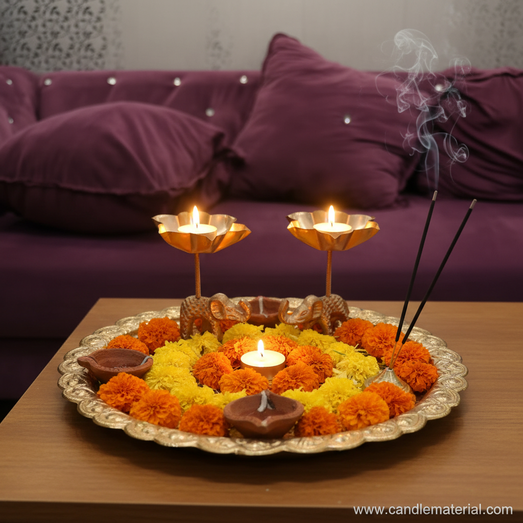 Elephant tall stem lotus diya holders on decorated puja thali