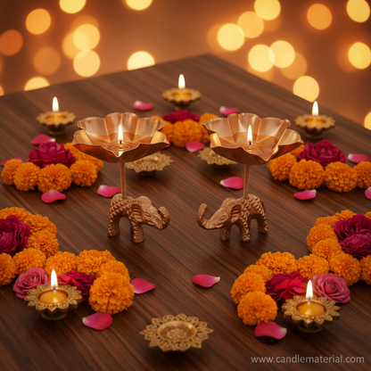 Elephant tall stem lotus diya holders in festive Diwali table setup