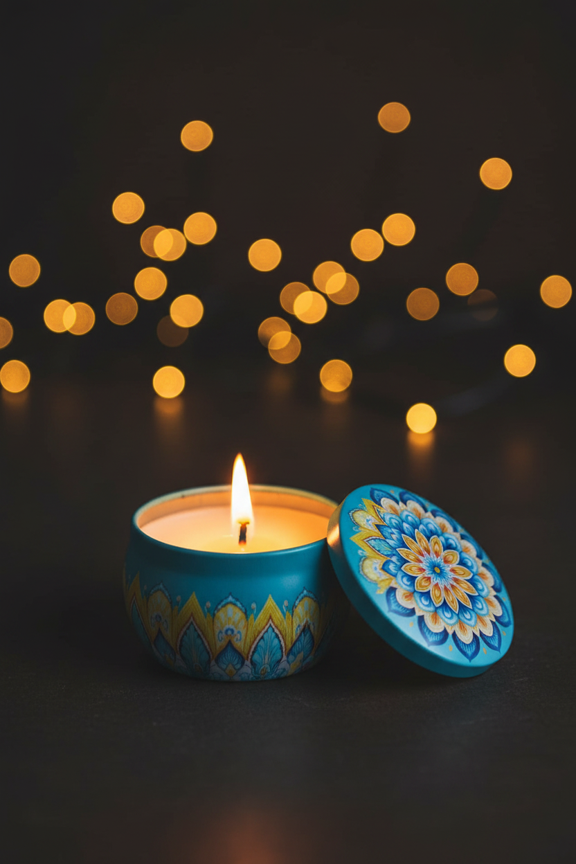 Mandala candle tin hero close-up with glowing flame