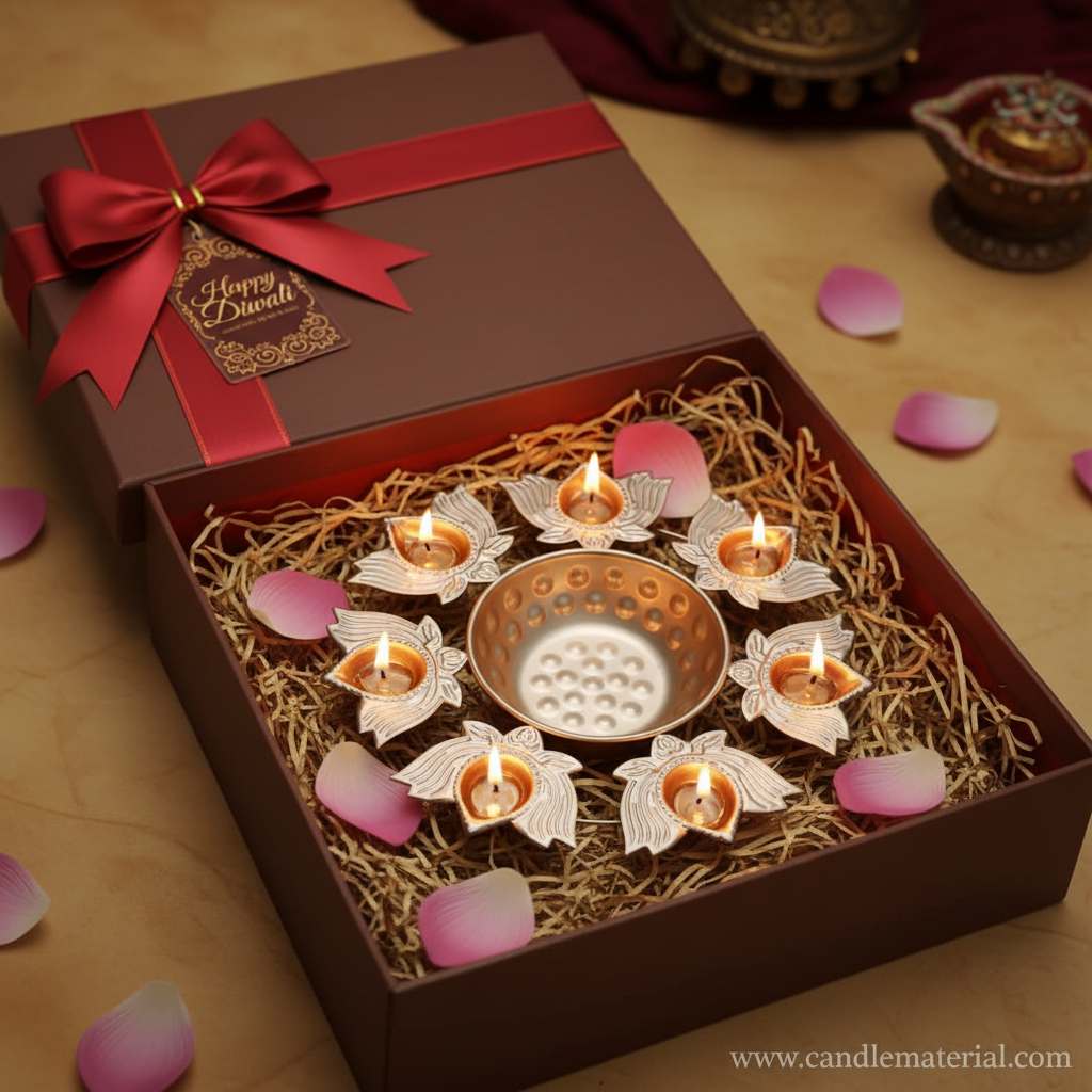 Gold lotus diya urli in luxury Diwali gift box with gold tissue and red ribbon