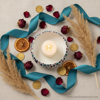 Flat lay of Moroccan candle bowl with botanicals and gold coins