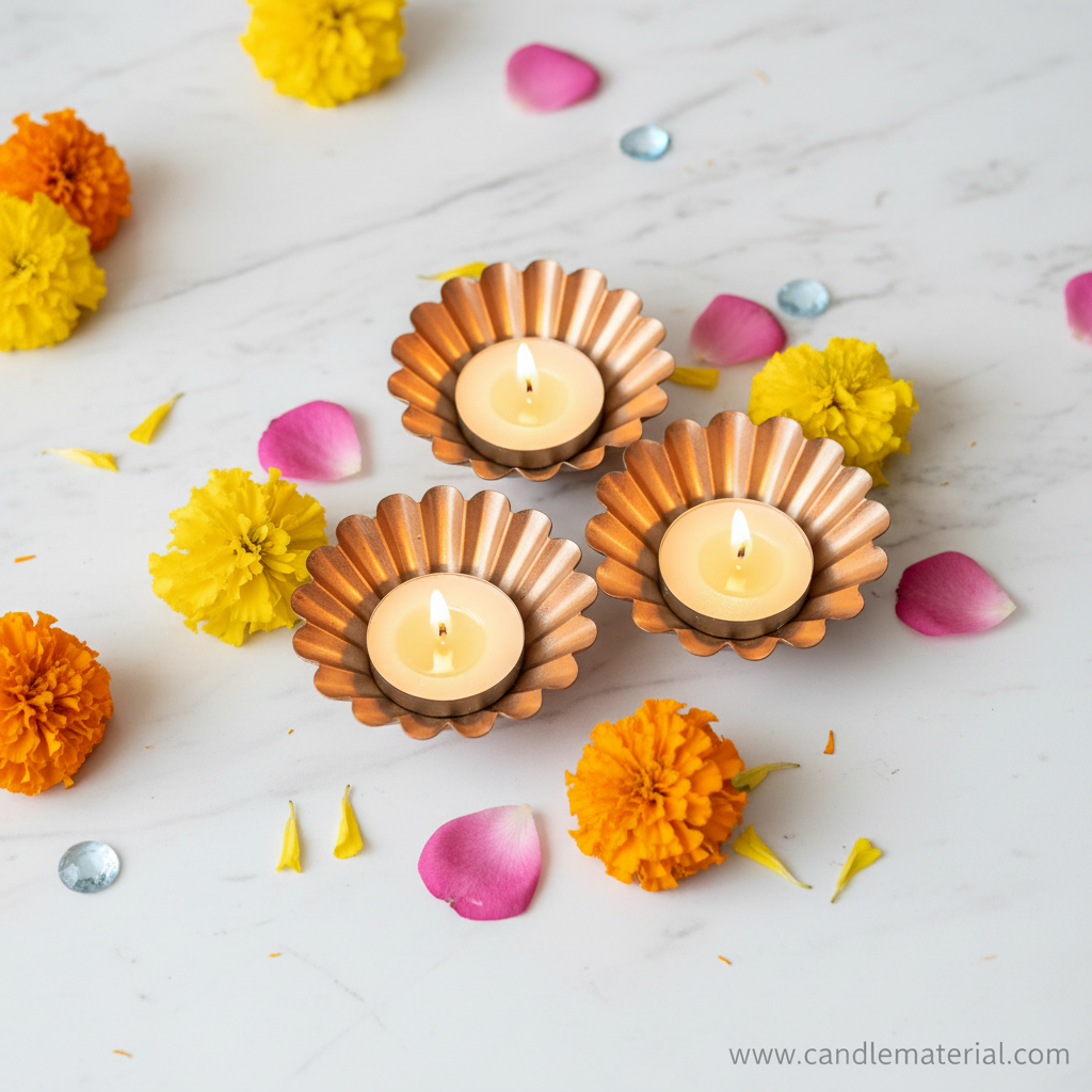 Scalloped diya bowls with lit candles on marble surface with marigolds