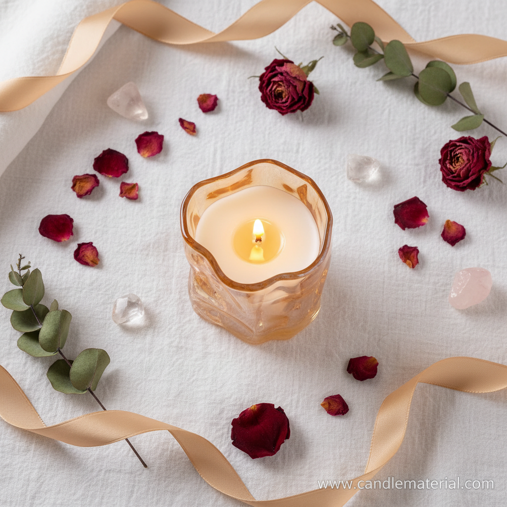 Flat lay of amber crinkle glass candle jar with dried botanicals and crystals