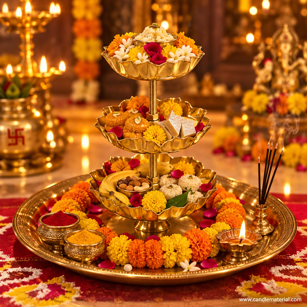 3-tier gold lotus petal tray stand as prasad stand on pooja thali with marigold garland and incense