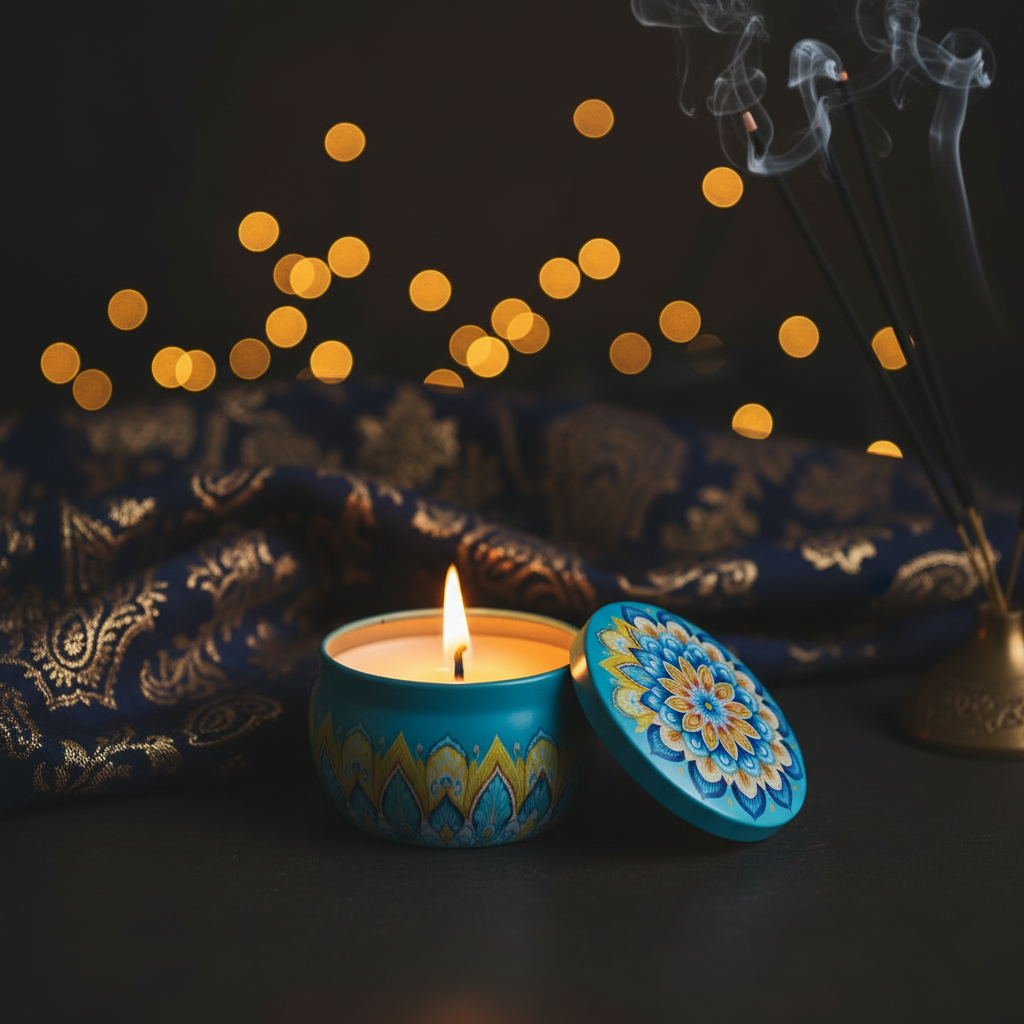Mandala candle tins circle arrangement showing all designs