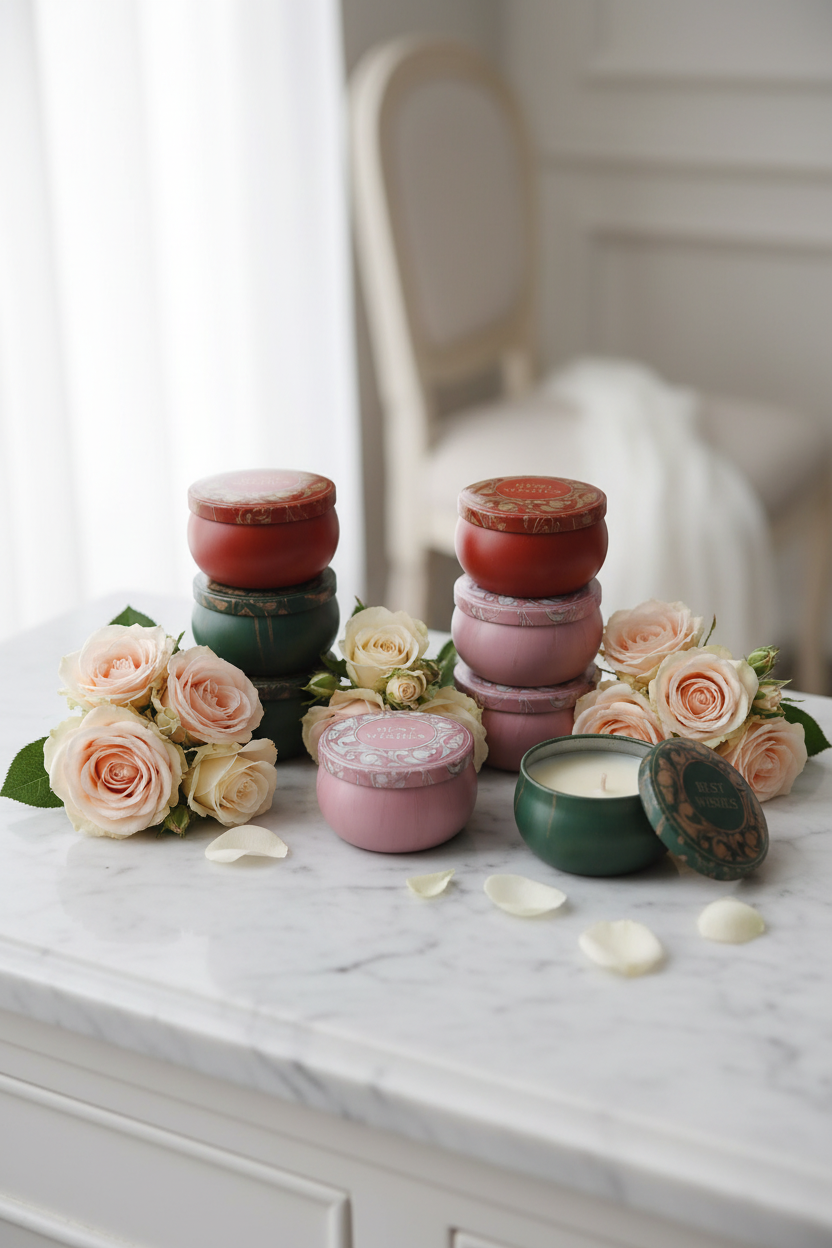 Best Wishes candle tins bridal wedding aesthetic with roses