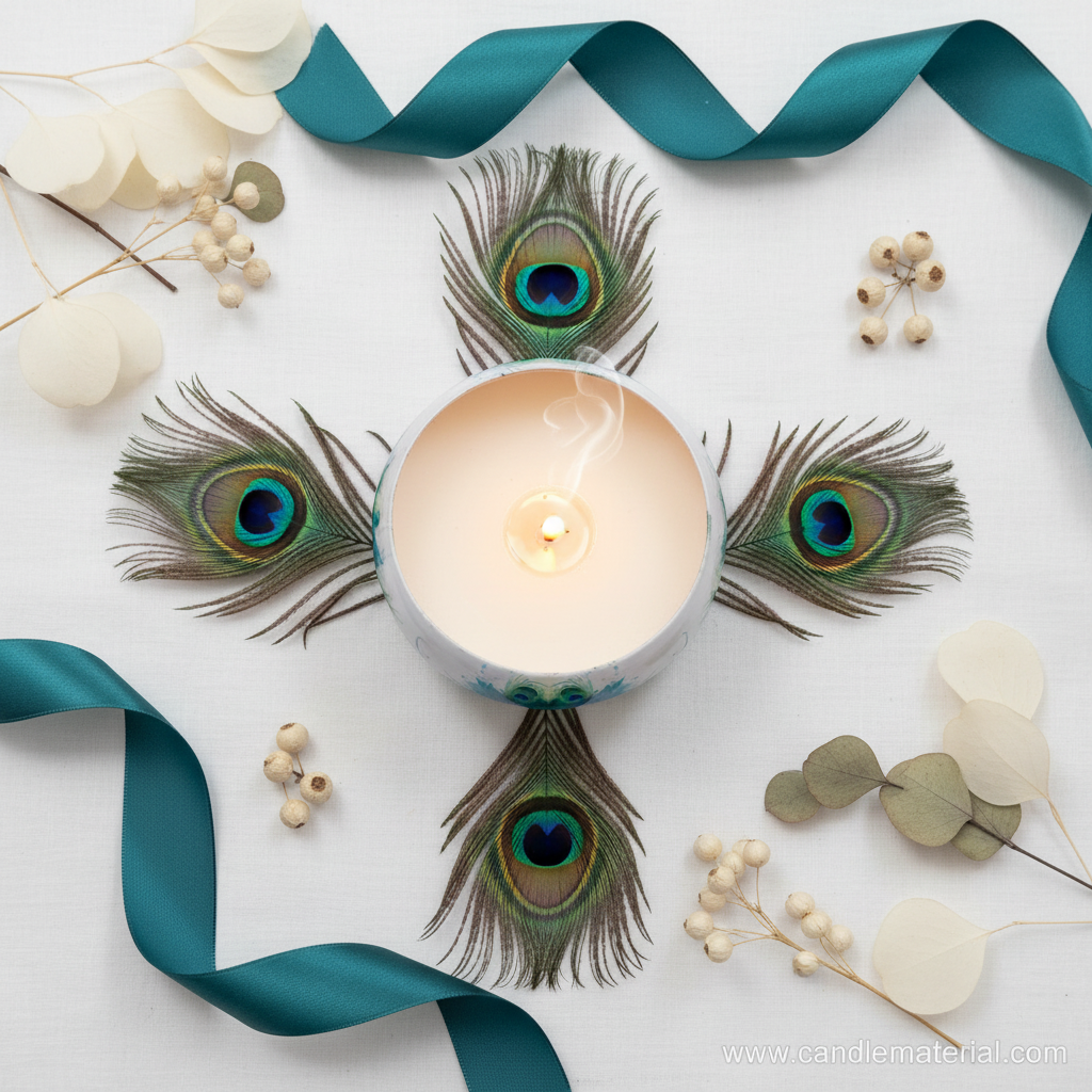 Flat lay of peacock candle bowl with feathers and teal ribbon