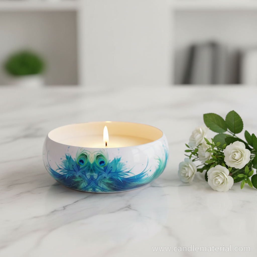 Peacock candle bowl with lit candle on marble surface with white flowers