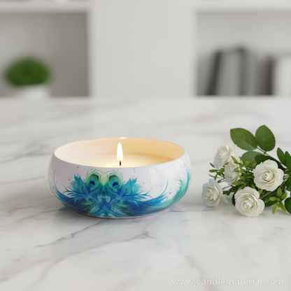 Peacock candle bowl with lit candle on marble surface with white flowers