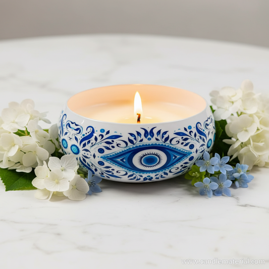 Evil eye candle bowl with lit candle on marble surface with blue flowers
