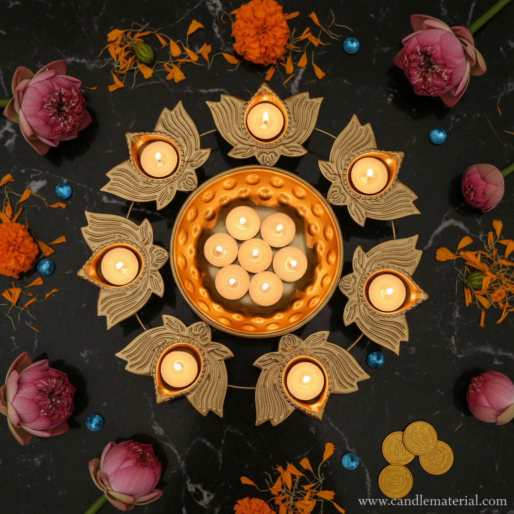 Overhead flat lay of gold lotus diya urli with lit candles on dark marble with lotus and gems