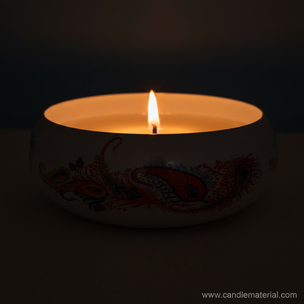 Paisley candle bowl with lit candle, dark moody background