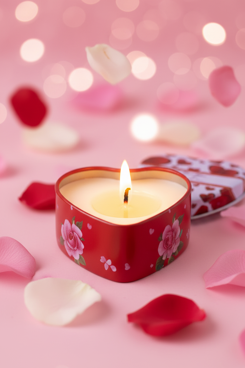Single heart candle tin open with glowing flame and rose petal bokeh