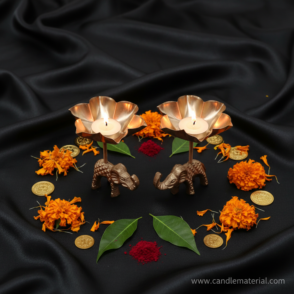 Flat lay of elephant tall stem lotus diya holders with puja styling