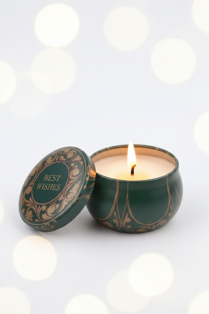 Best Wishes candle tin hero close-up with glowing flame