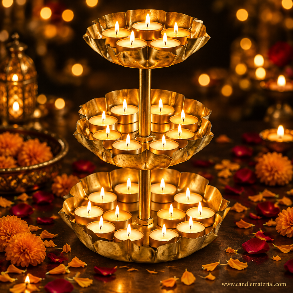 3-tier gold lotus petal tray stand with glowing tealights, dark moody background with golden bokeh