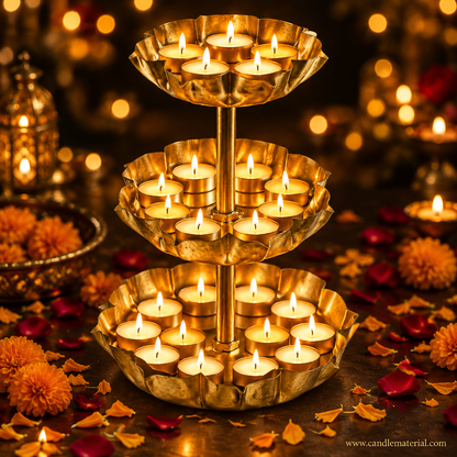 3-tier gold lotus petal tray stand with glowing tealights, dark moody background with golden bokeh