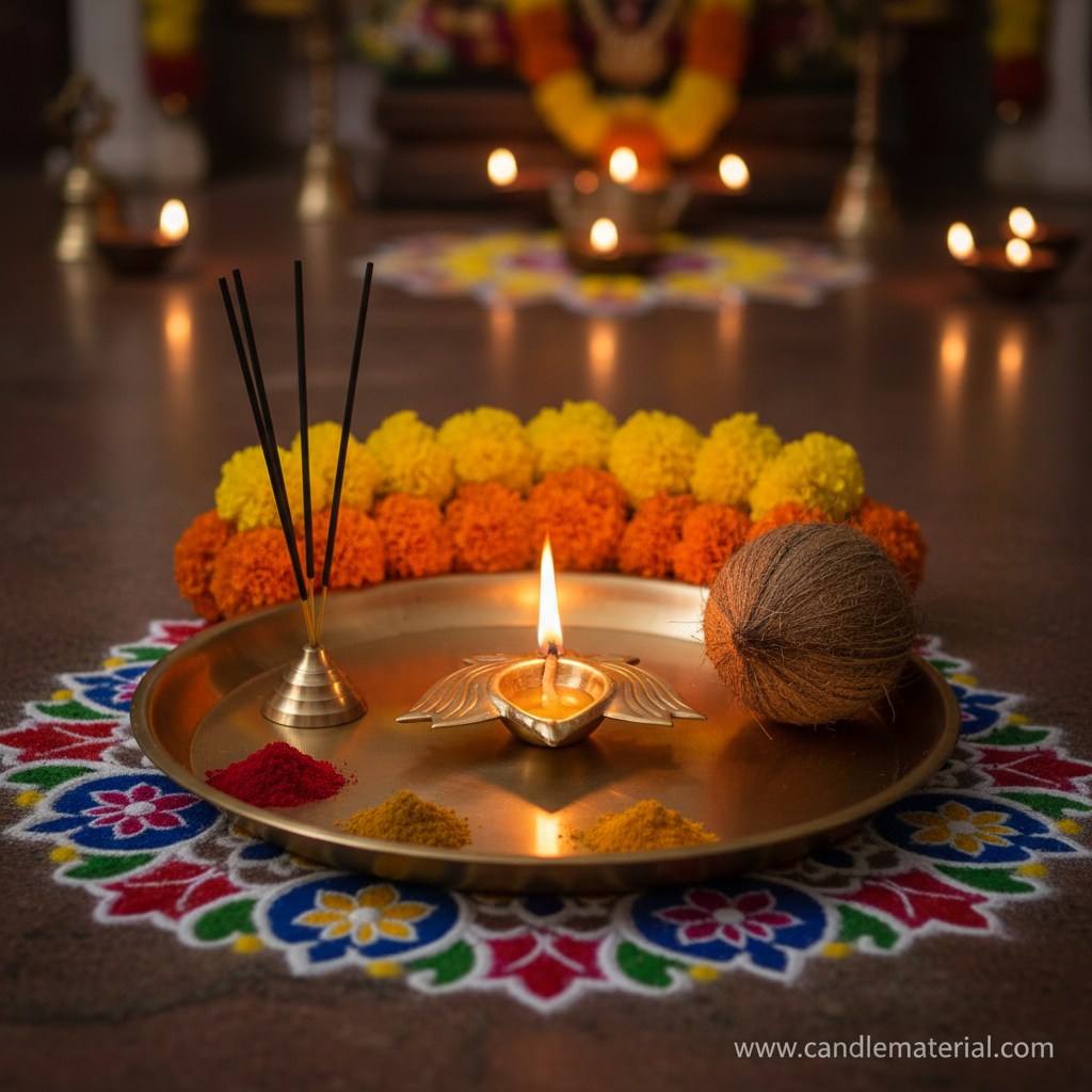 Gold lotus diya with lit flame on brass pooja thali with kumkum, incense and marigold garland