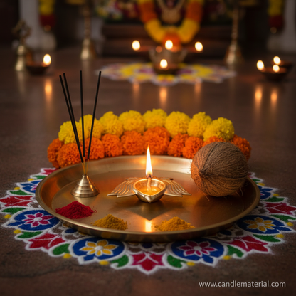 Gold lotus diya with lit flame on brass pooja thali with kumkum, incense and marigold garland