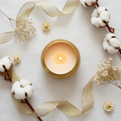 Flat lay of gold candle tin with dried flowers and ribbon