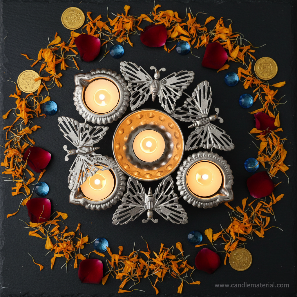 Overhead flat lay of silver butterfly diya set with lit candles on dark slate with marigold and gems