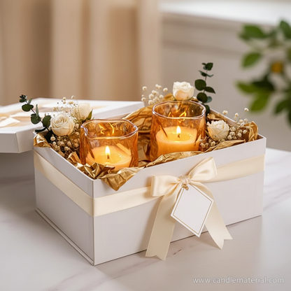 Amber crinkle glass candle jars in luxury gift box with gold tissue and ribbon