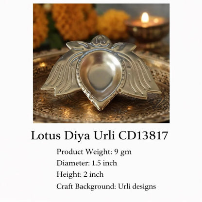 Lotus Diya Urli CD13817 product spec sheet showing silver finish diya with diameter 1.5 inch height 2 inch weight 9 gm