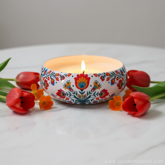 Folk floral candle bowl with lit candle on marble surface with red flowers