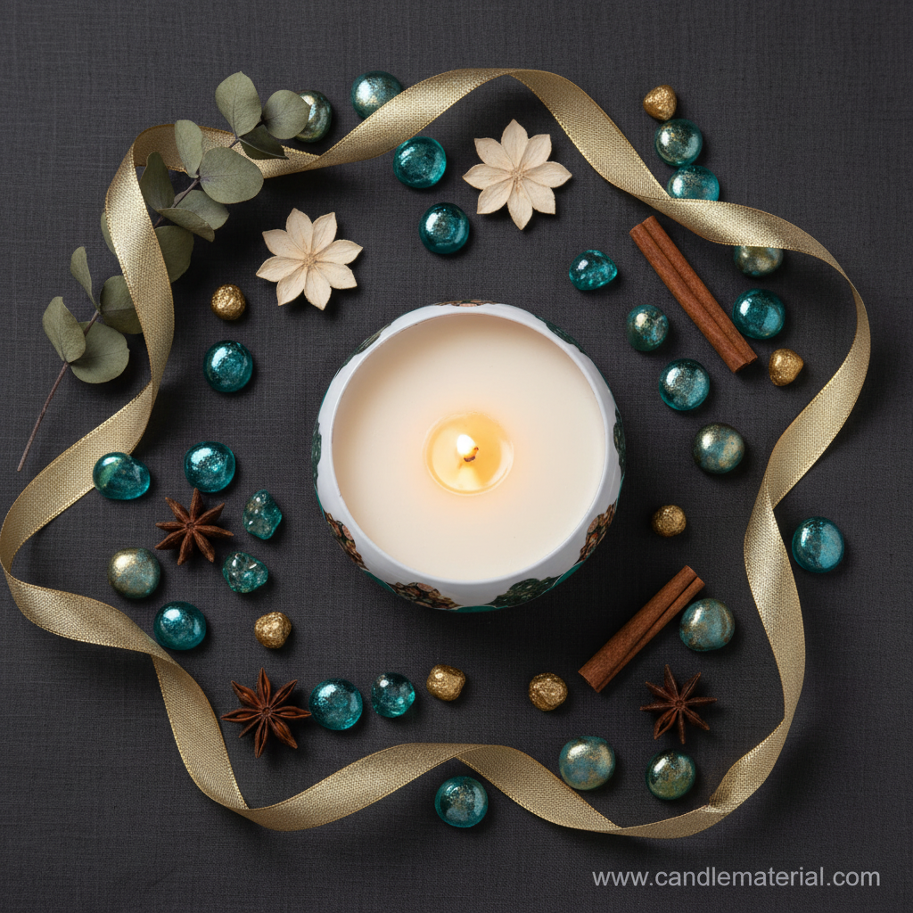 Flat lay of teal tile candle bowl with gold stones and teal ribbon